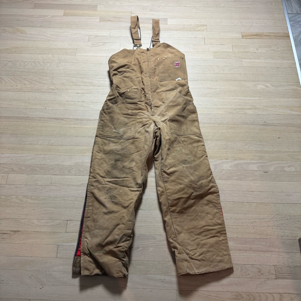 Vintage Tough Duck Insulated Bib Overalls Tan Duck Canvas Quilt Lined Men's L